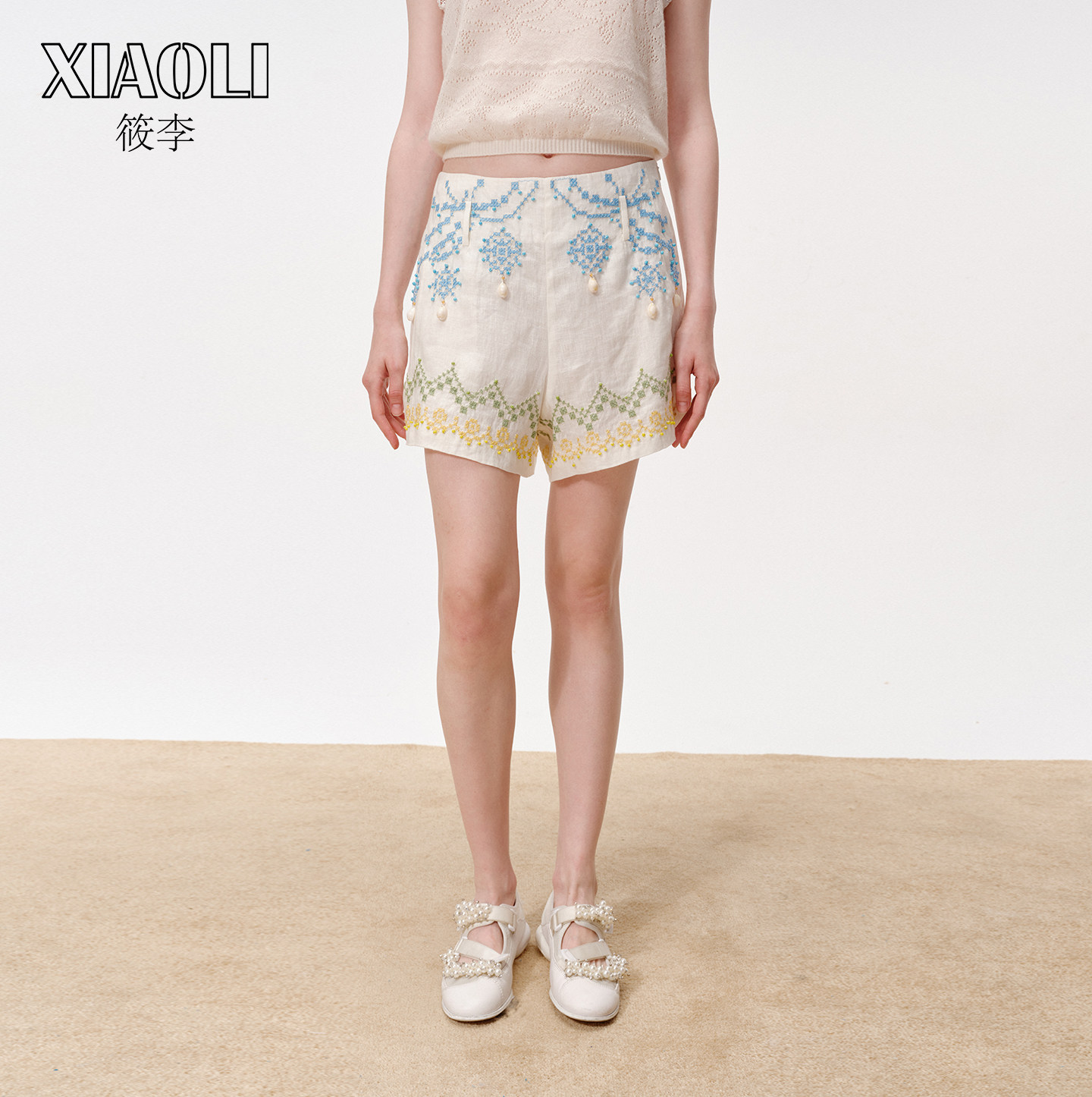 【XIAOLI筱李】直筒宽松休闲高腰米色十字绣亚麻短裤女春新品