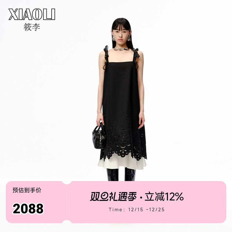 XIAOLI筱李秋冬新品设计师款黑白撞色镂空刺绣背心裙