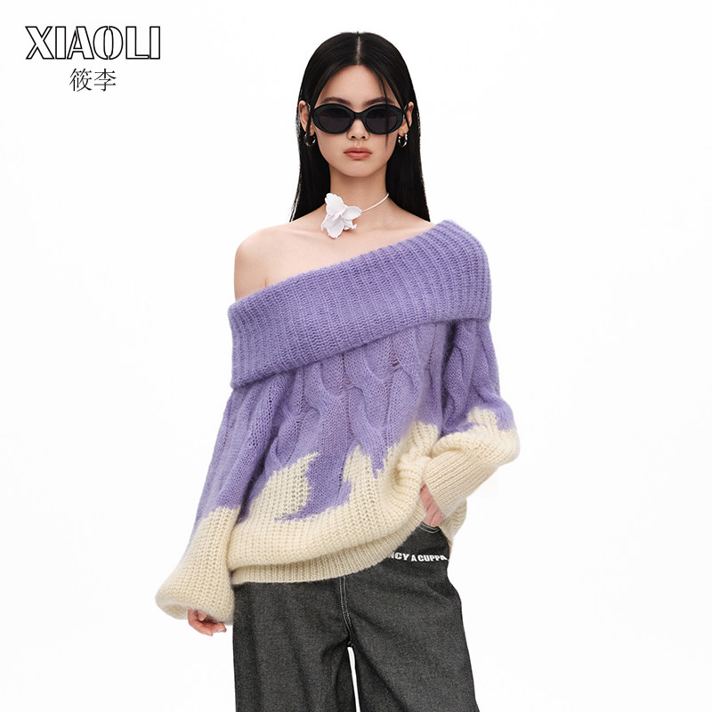 XIAOLI筱李手绘花朵图案一字领露肩针织上衣