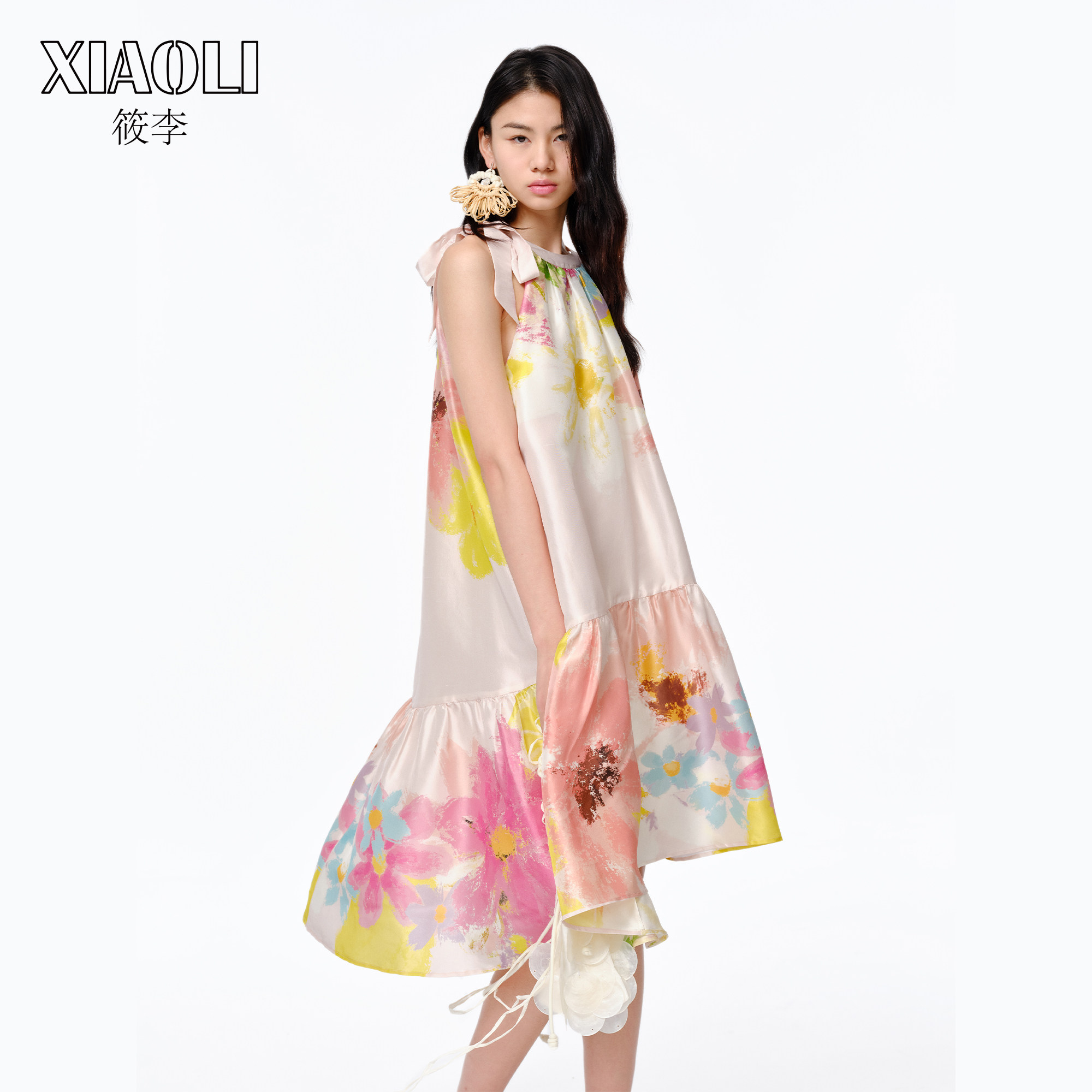 筱李粉色碎花刺绣针织开衫