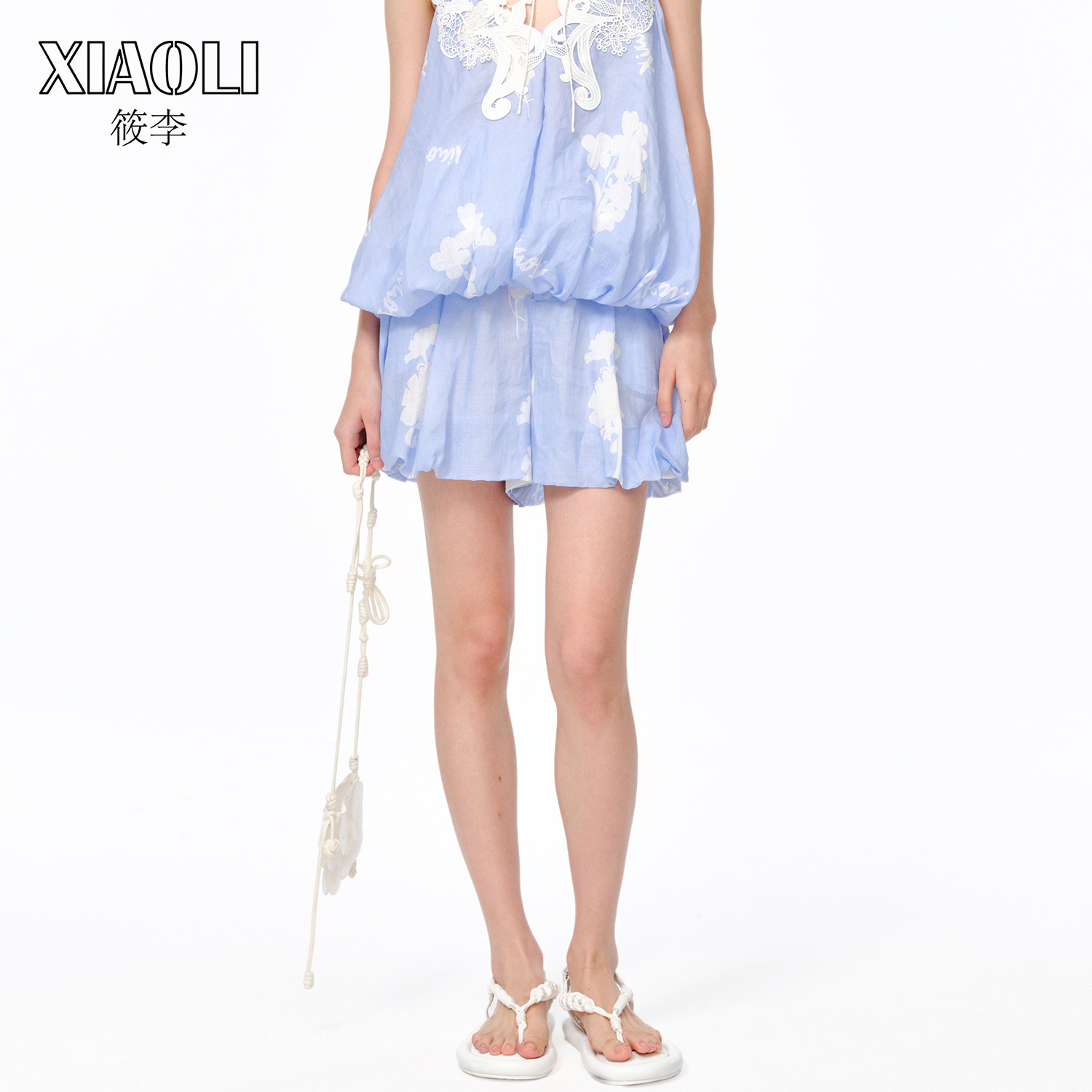 XIAOLI筱李 春夏新品蓝色苎麻印花高腰短裤
