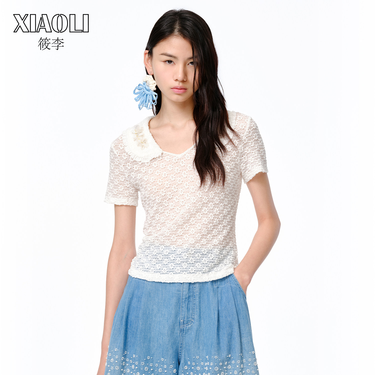 XIAOLI筱李 春夏白色针织提花翻领上衣短袖T恤