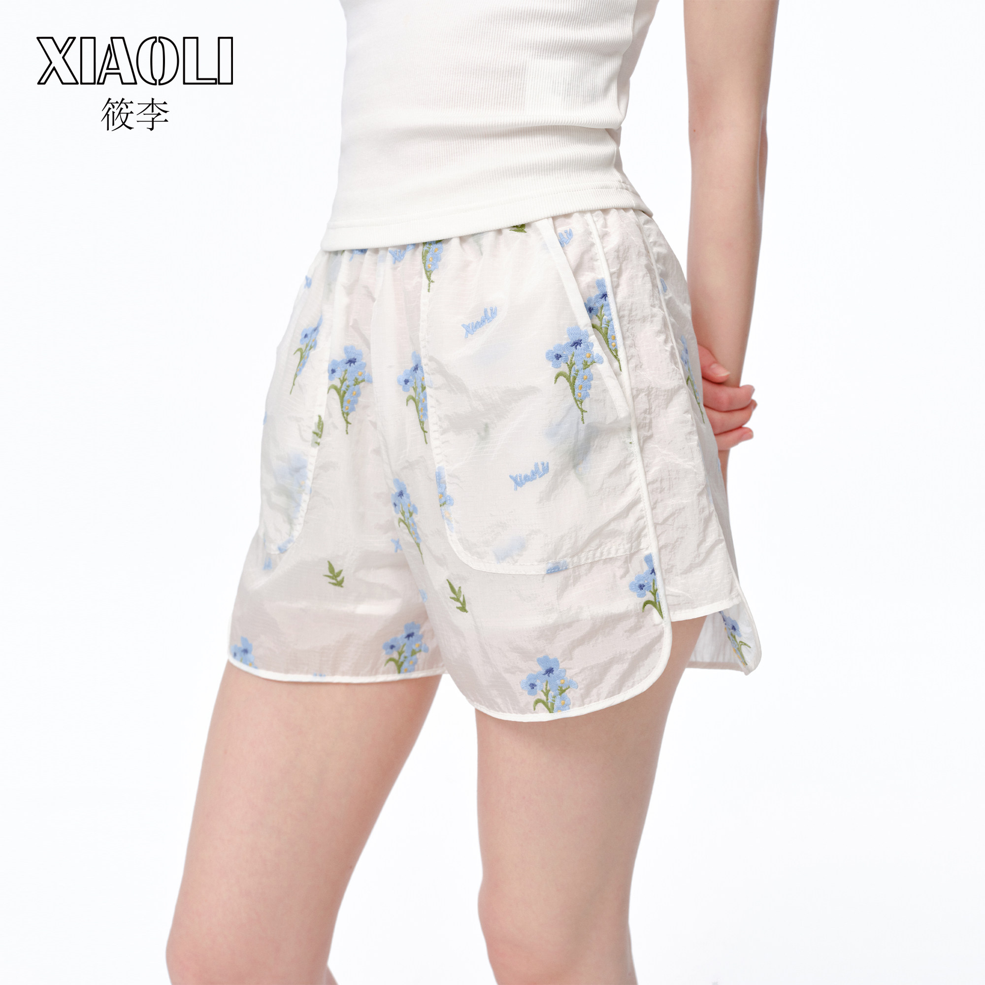 XIAOLI筱李 春夏新品小苍兰刺绣运动风短裤户外穿搭