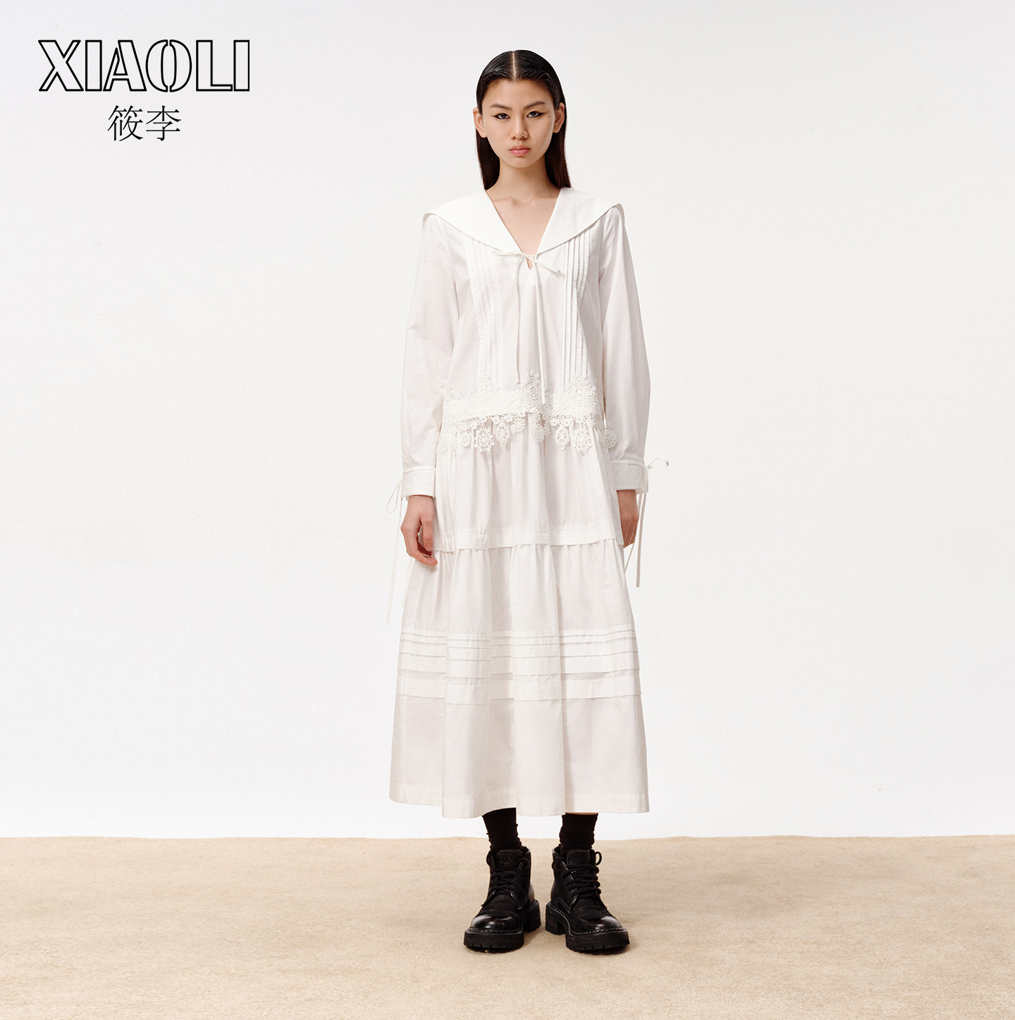 【XIAOLI筱李】优雅气质通勤白色蕾丝装饰塔克工艺连衣裙25秋