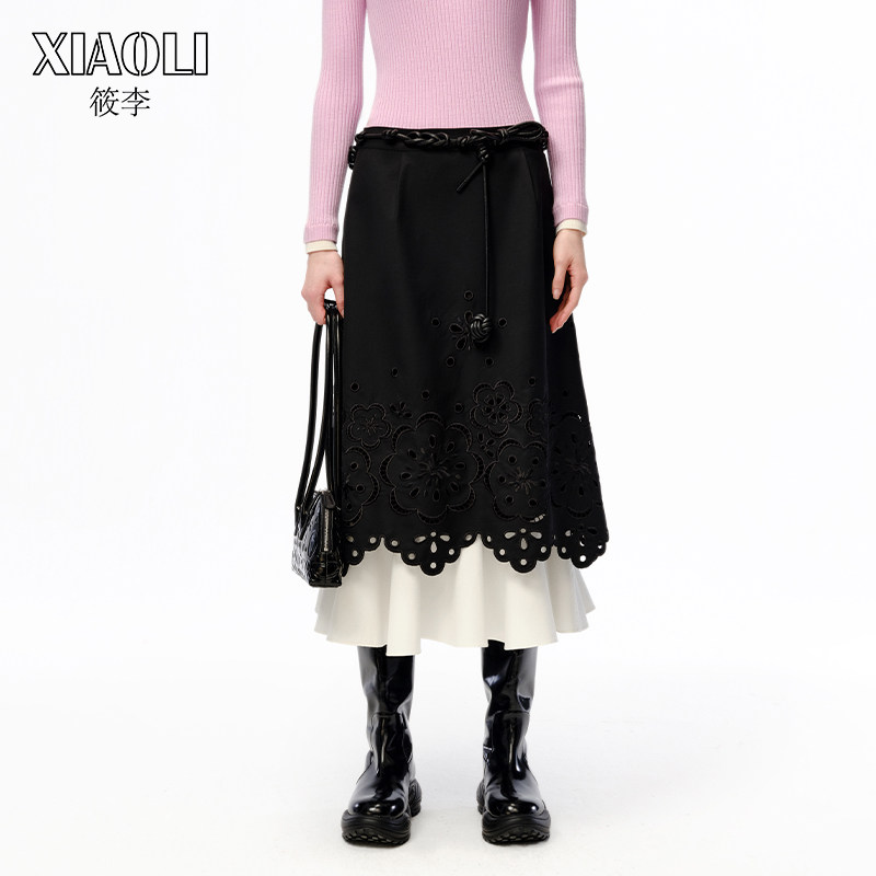 XIAOLI筱李 秋冬新品设计师款黑白撞色镂空刺绣半裙中长裙