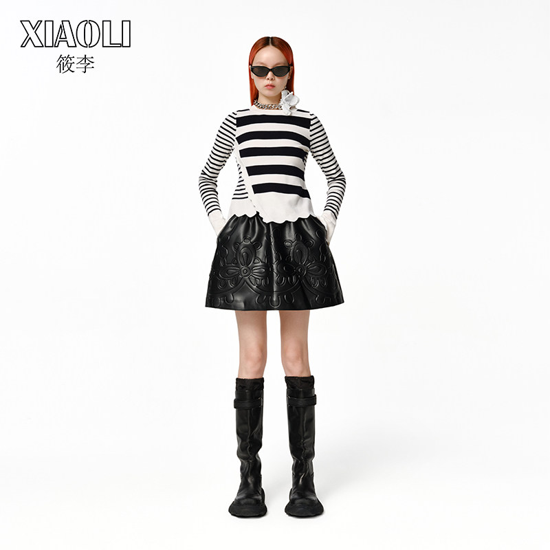 【设计师品牌XIAOLI筱李】新款羊毛条纹拼色花边修身打底上衣
