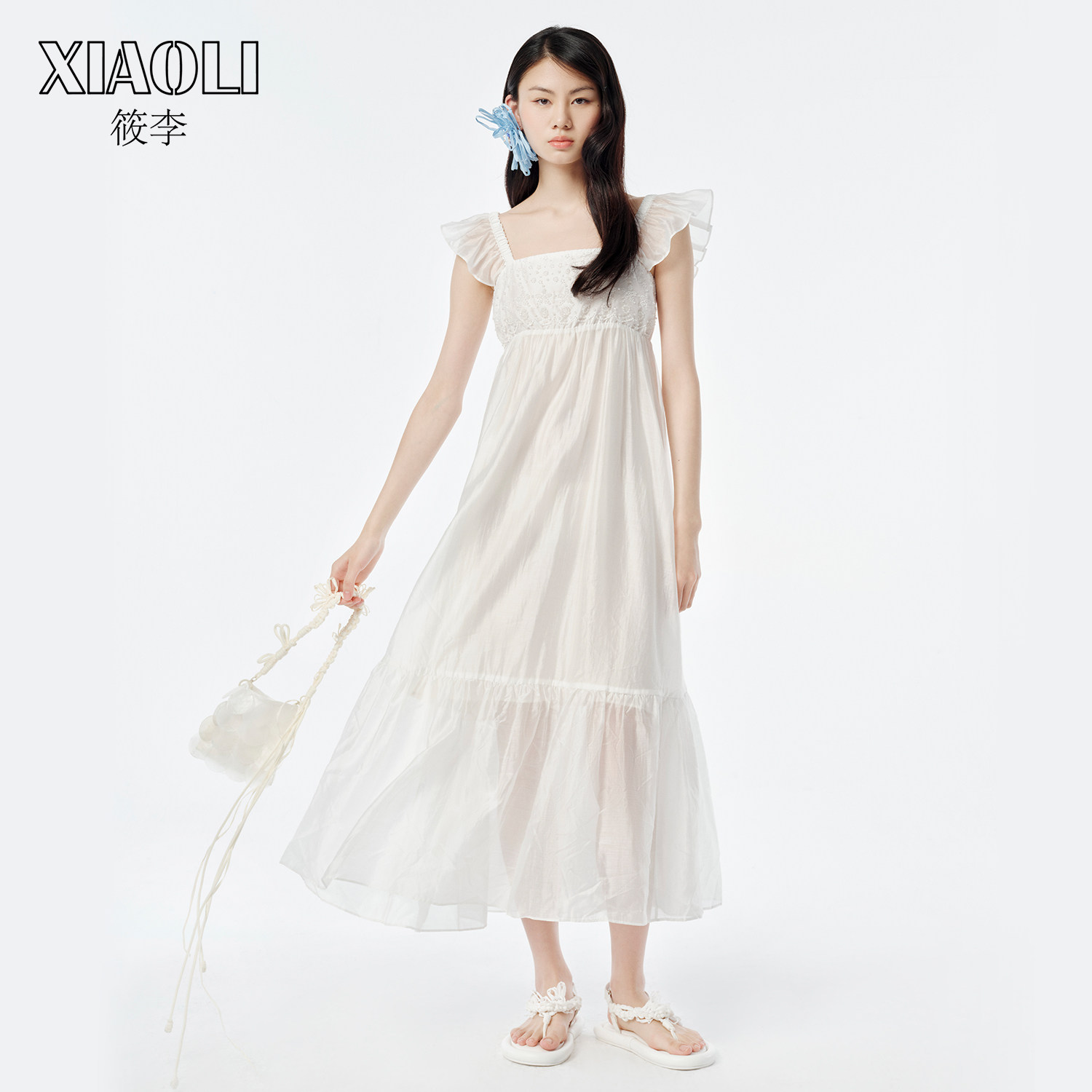 【XIAOLI筱李】钉珠装饰小飞袖天丝连衣裙度假裙公主裙