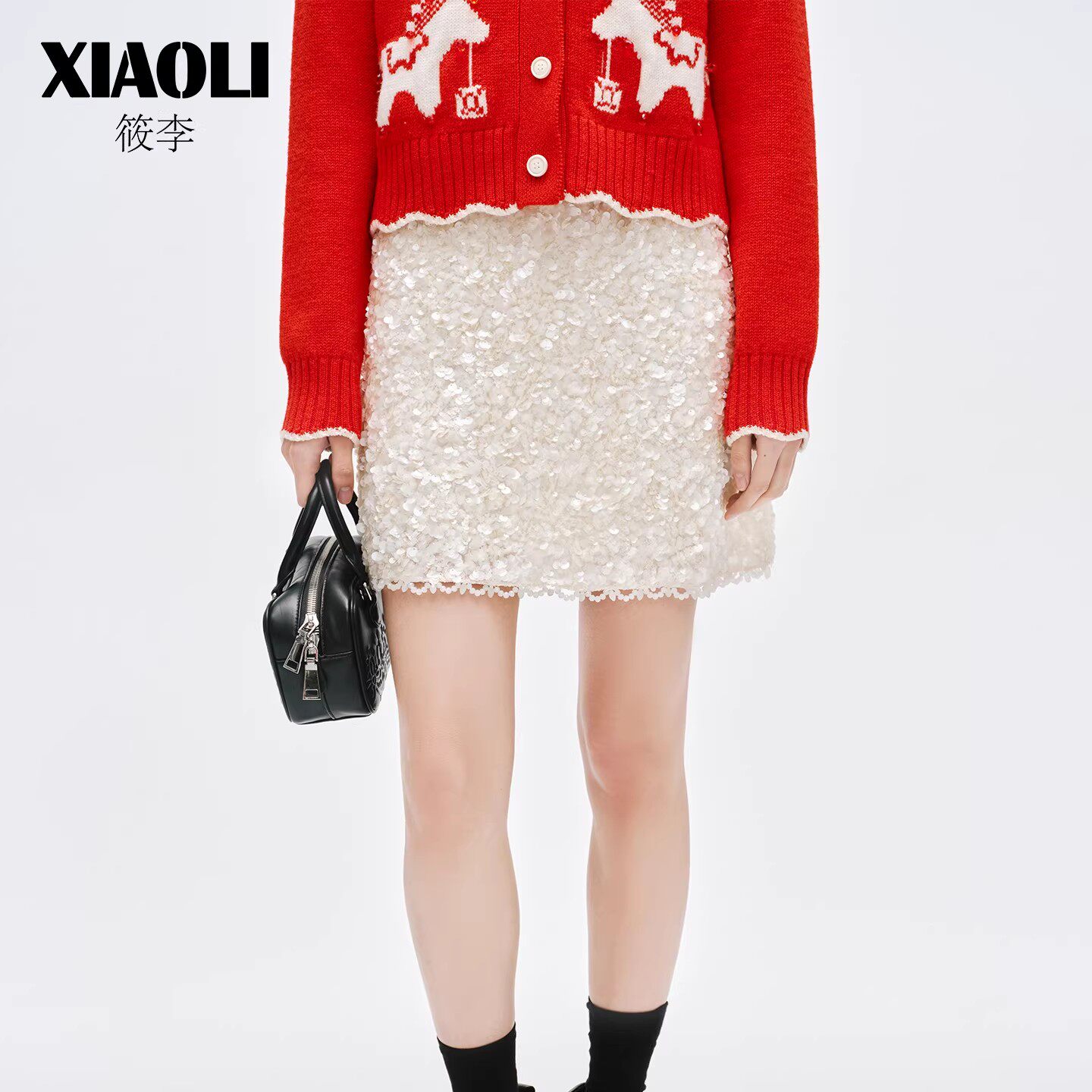 【XIAOLI筱李】2026新款年会派对白色仿水晶钉珠黑色闪亮片