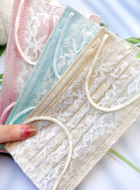 樱花2025新蕾丝轻薄款一次性网纱口罩夏天透气浅蓝色独立包装三层