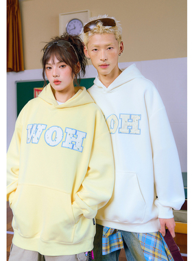 wohoo字母连帽加绒卫衣男2025新款美式潮牌重磅情侣帽衫外套女冬