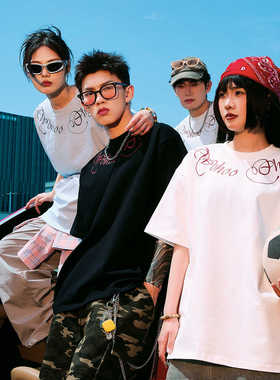 WOHOO美式高街花环字母印花圆领短袖T恤男女夏季潮流百搭半袖体恤