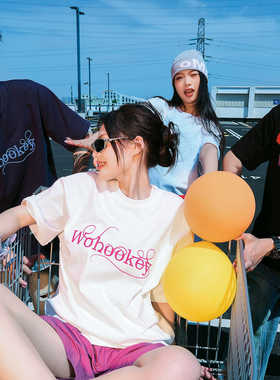 wohoo植绒字母短袖国潮美式高街重磅纯棉宽松休闲半袖T恤男女同款