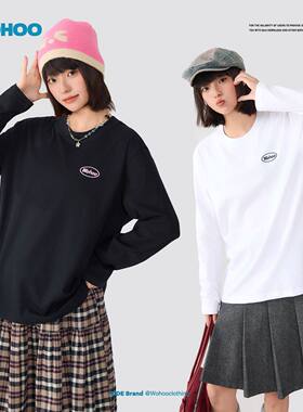 wohoo基础logo款纯棉长袖正肩t恤女休闲打底上衣百搭情侣衣服全棉