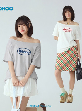 wohoo斜领短袖t恤女新款早春2026超火减龄上衣ootd穿搭印花半袖