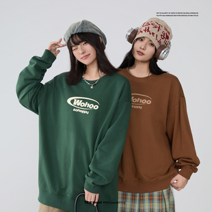 WOHOO韩系圆领卫衣男女款2025秋季新款潮牌百搭宽松套头情侣上衣