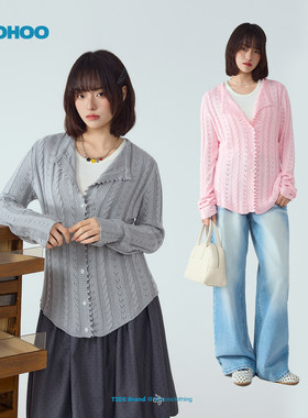 wohoo灰色镂空翻领长袖针织衫女开衫纽扣麻花纹毛衣春装上衣外套
