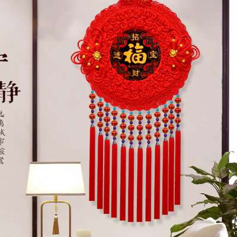 新款桃木中国结挂饰客厅大号凤尾花乔迁新居玄关挂件福字过年