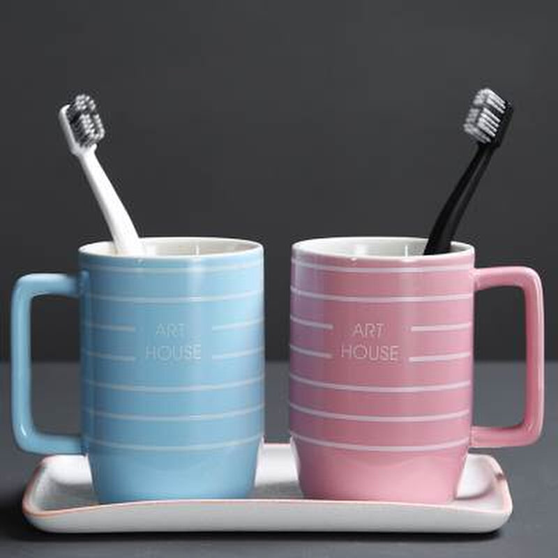 新款水锦鲤简约陶瓷洗漱杯漱口杯家用牙缸情侣杯水杯条纹杯卫生间