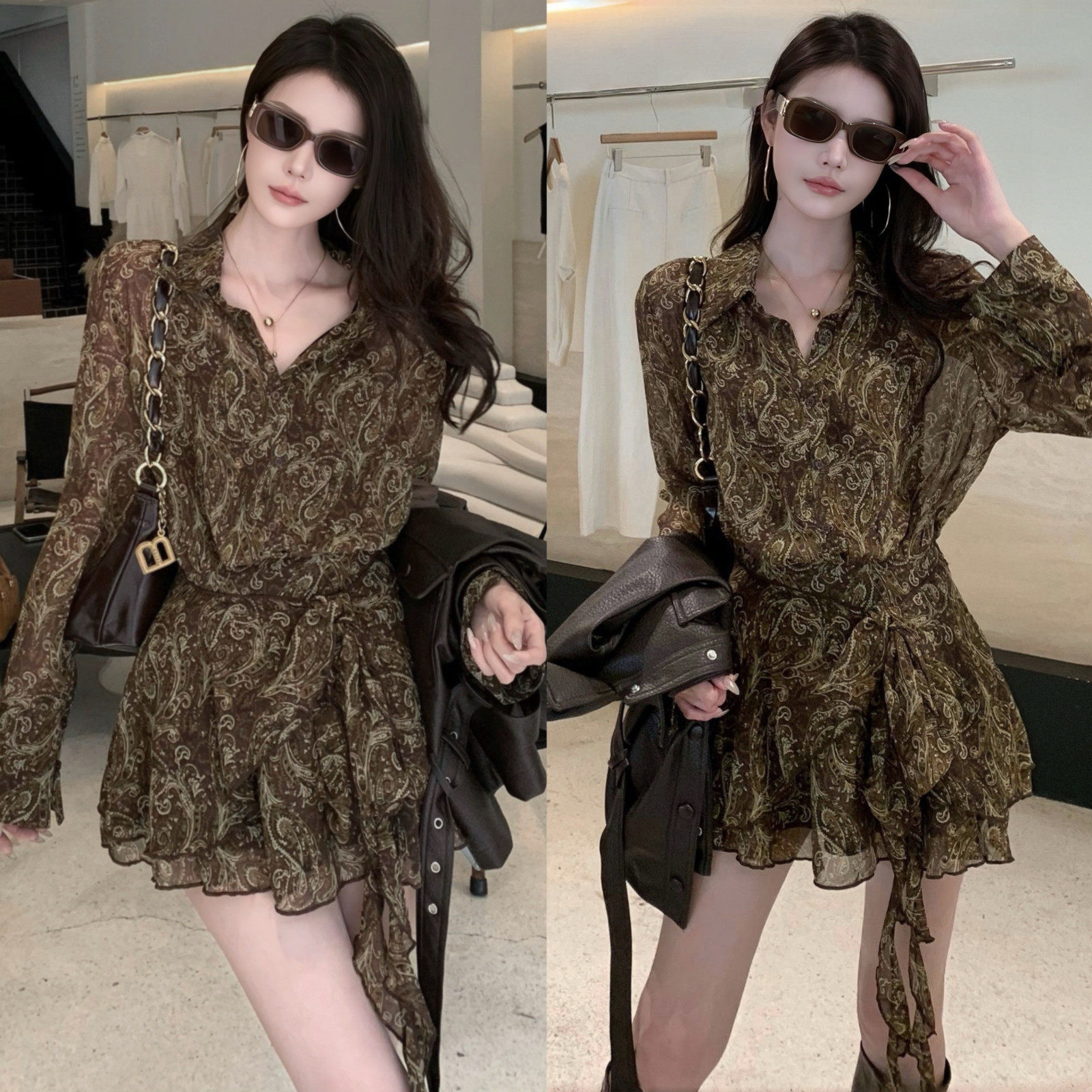 法式复古碎花系带长袖连衣裙女2026早春御姐风气质收腰显瘦衬衫裙