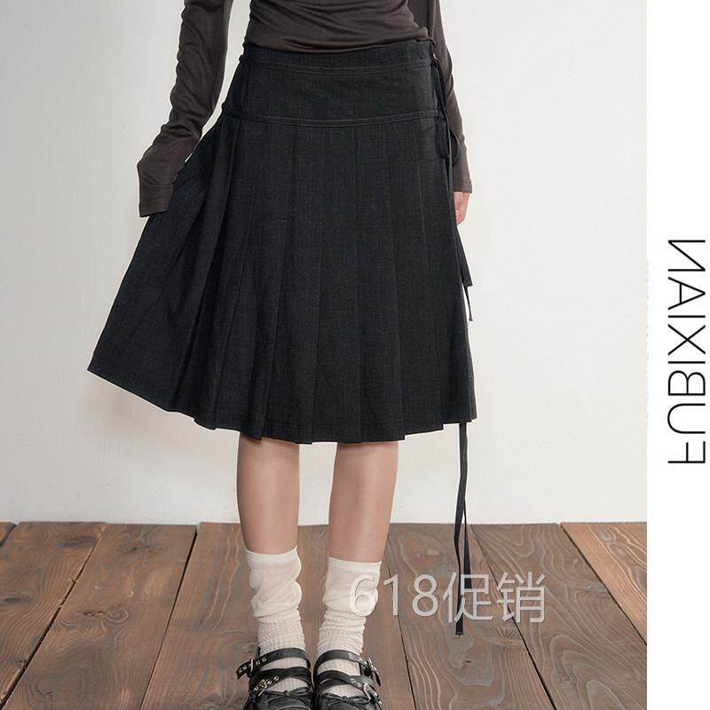 高级感深灰色学院风系带中长裙修身韩系百褶半身裙女春夏显瘦裙子