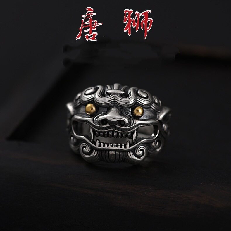 新款时尚霸气素唐狮戒指可调节文