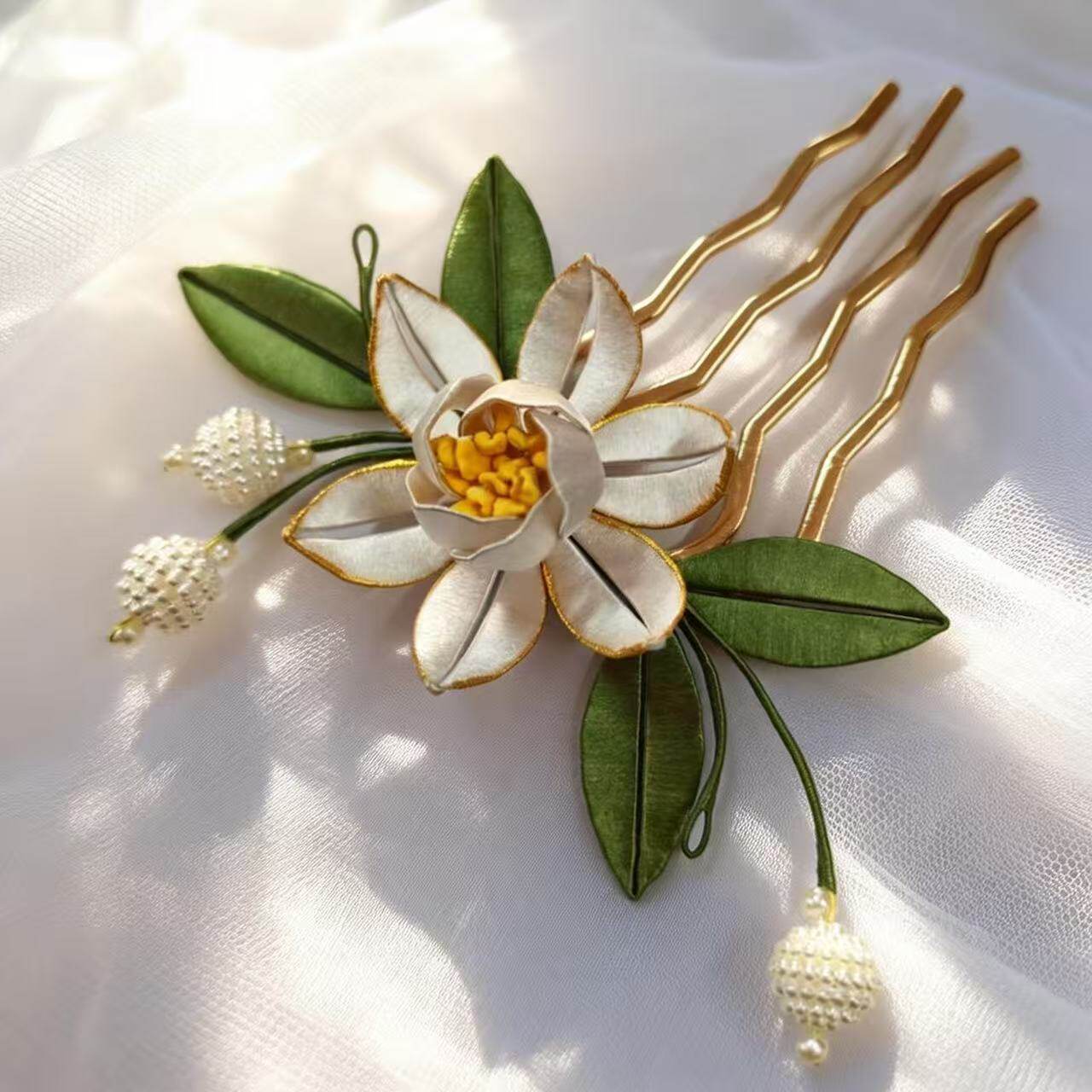 纯手工栀子花非遗缠花头饰日常百搭古风汉服发梳成品平价发夹发簪图片