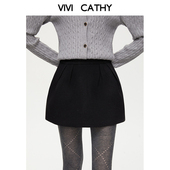 VIVICATHY2025秋冬复古咖色花苞廓形感半身裙女赫本风遮胯短a裙