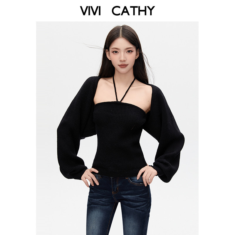 VIVICATHY2025秋冬针织套装女辣妹抹胸背心针织开衫外套两件套黑,女装/女士精品,时尚套装,淘宝优惠券,粉丝福利购,淘宝优惠卷