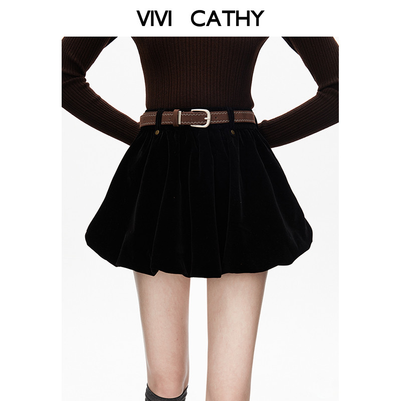 VIVICATHY丝绒花苞半身裙女2025秋冬新款显瘦厚黑穿搭蓬蓬a字短裙,女装/女士精品,半身裙,淘宝优惠券,粉丝福利购,淘宝优惠卷