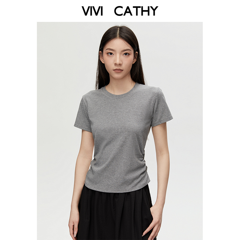 VIVICATHY2025夏季多巴胺短袖T恤女收腰褶皱修身灰色圆领上衣