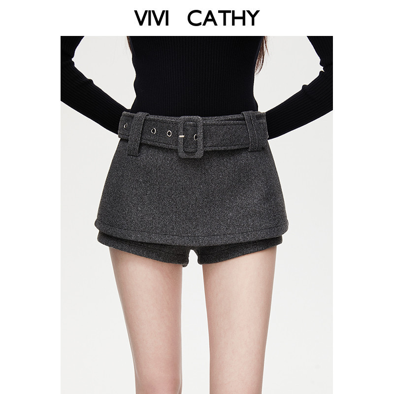 VIVICATHY2025秋冬复古低腰假两件裙裤女遮胯毛呢a字包臀半身裙