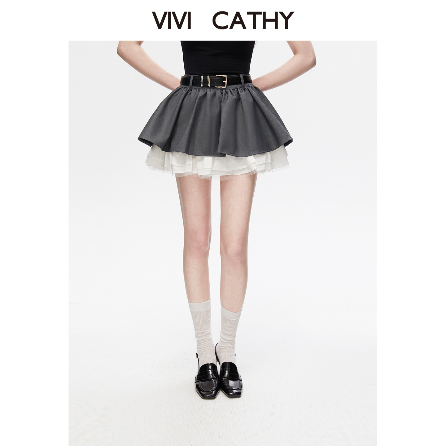 VIVICATHY2026夏季蕾丝网纱拼接半身裙女百褶蓬蓬蛋糕裙a字短裙