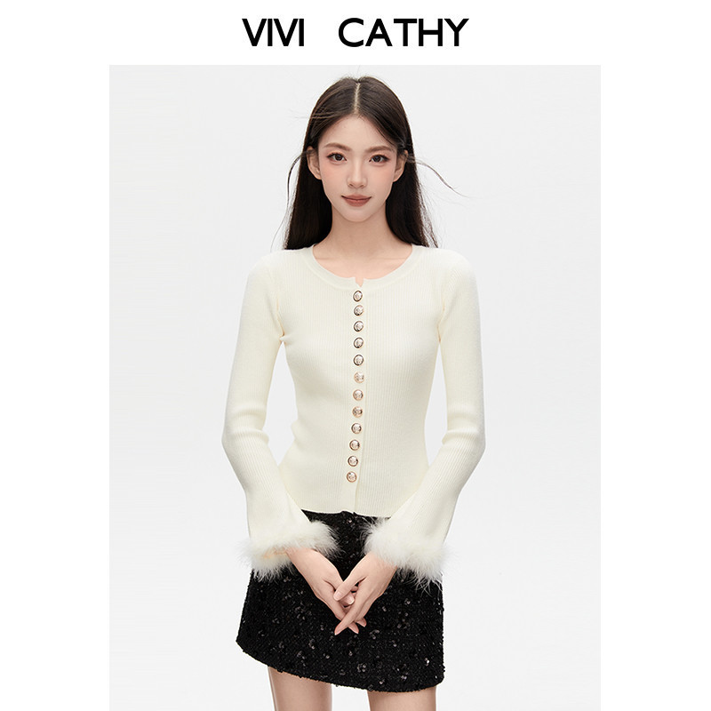 VIVICATHY2025秋冬韩系毛毛喇叭袖打底衫女杏色修身减龄内搭上衣,女装/女士精品,毛针织衫,淘宝优惠券,粉丝福利购,淘宝优惠卷