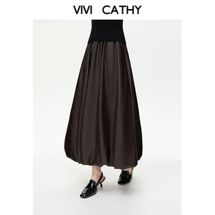 VIVICATHY2025秋冬复古黑色PU皮半身裙女佰搭宽松中长款花苞裙