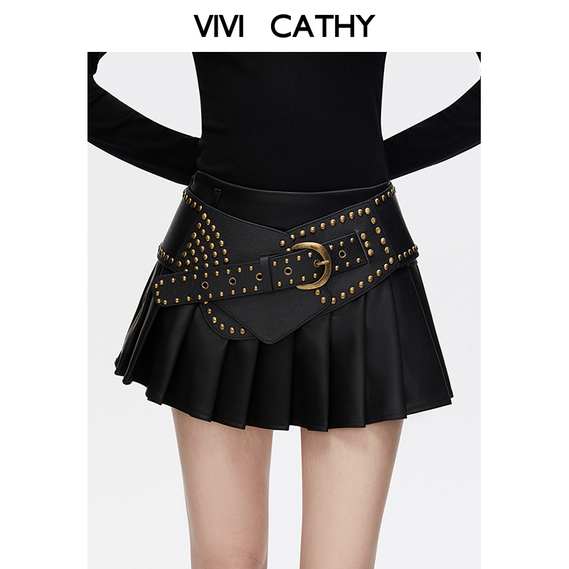 VIVICATHY2025秋美式辣妹黑色百褶皮裙女重工铆钉低腰朋克半身裙