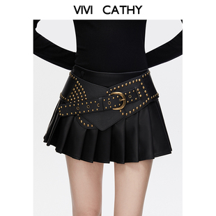 VIVICATHY2025秋美式 辣妹黑色百褶皮裙女重工铆钉低腰朋克半身裙