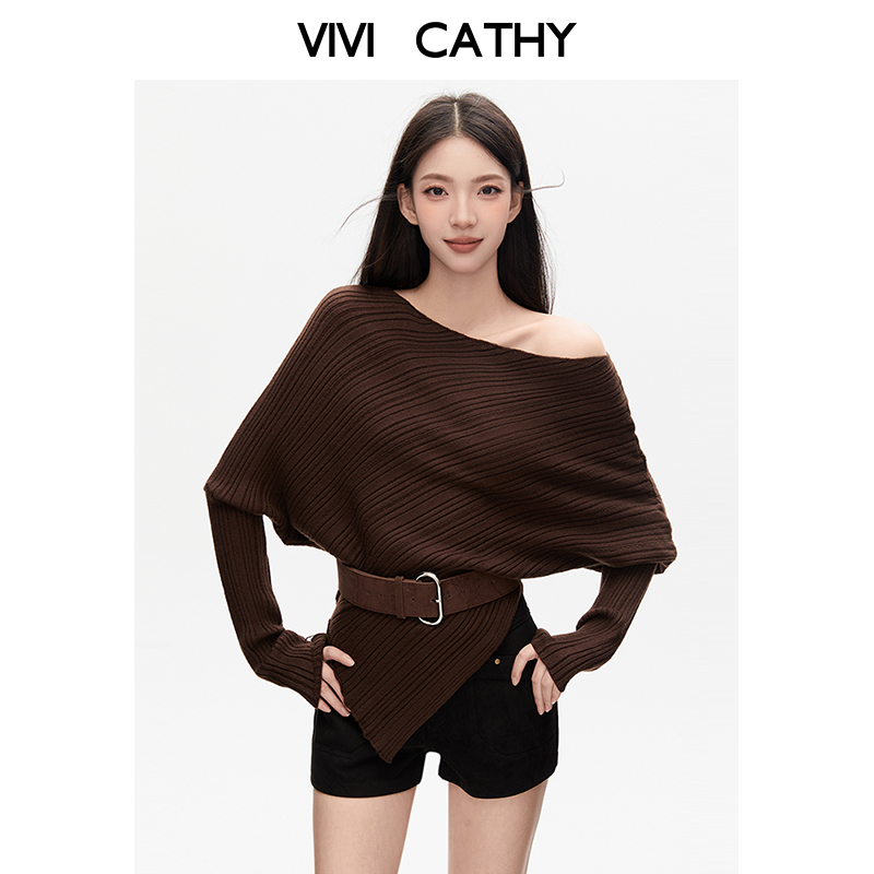 VIVICATHY法式蝙蝠袖针织衫女2025冬新款不规则气质斜肩小衫上衣
