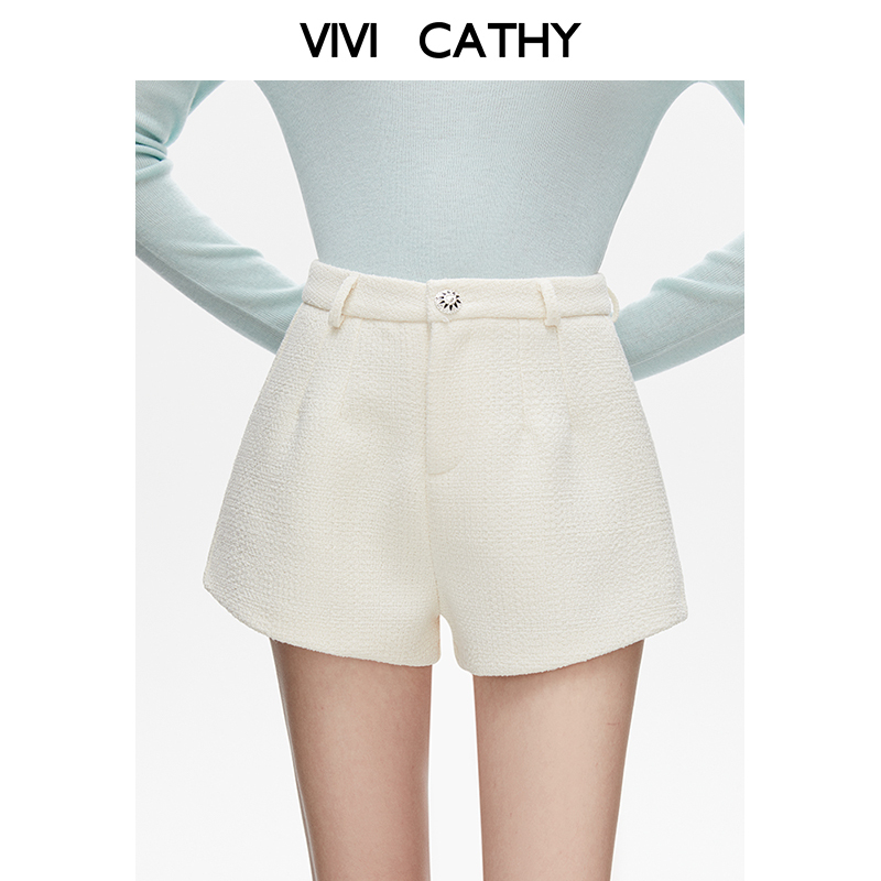 VIVICATHY2025秋杏色粗花呢短裤女小香风气质靴裤纯欲辣妹a字裤