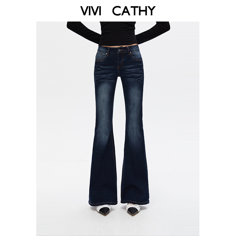 VIVICATHY2025秋美式辣妹低腰微喇牛仔裤女甜辣修身百搭喇叭长裤