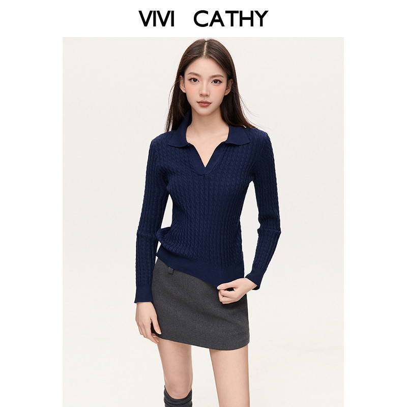 VIVICATHY2025秋冬复古麻花针织衫女藏青色休闲打底polo上衣