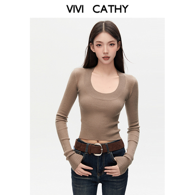 VIVICATHY打底针织衫女2025秋冬新款高级感修身内搭低领长袖上衣