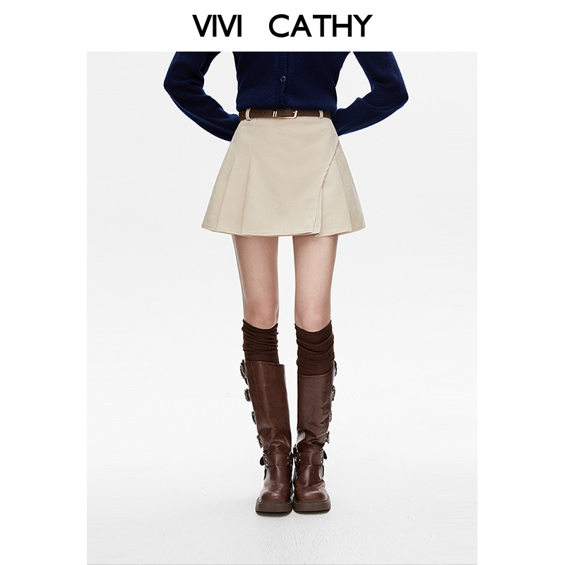 VIVICATHY2025秋灯芯绒半身百褶裙女学院风不规则高腰复古短a裙