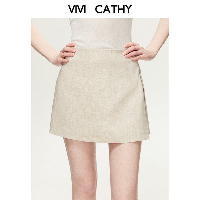 Vivicathy2026 New Summer Style Imitation Linen Commuter A-Line Skirt, Feminine and Versatile Skirt Pants Short Skirt