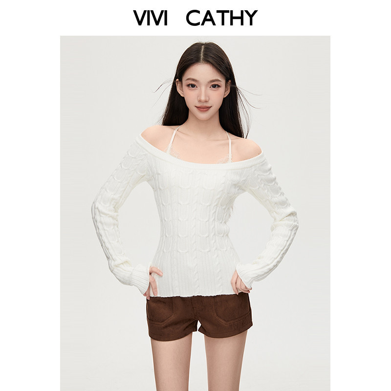 VIVICATHY2025秋冬修身露肩圆领麻花毛衣女纯欲复古复古针织打底