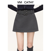 VIVICATHY2025秋冬韩系高腰半身裙女佰搭显瘦a字防走光开衩裙裤