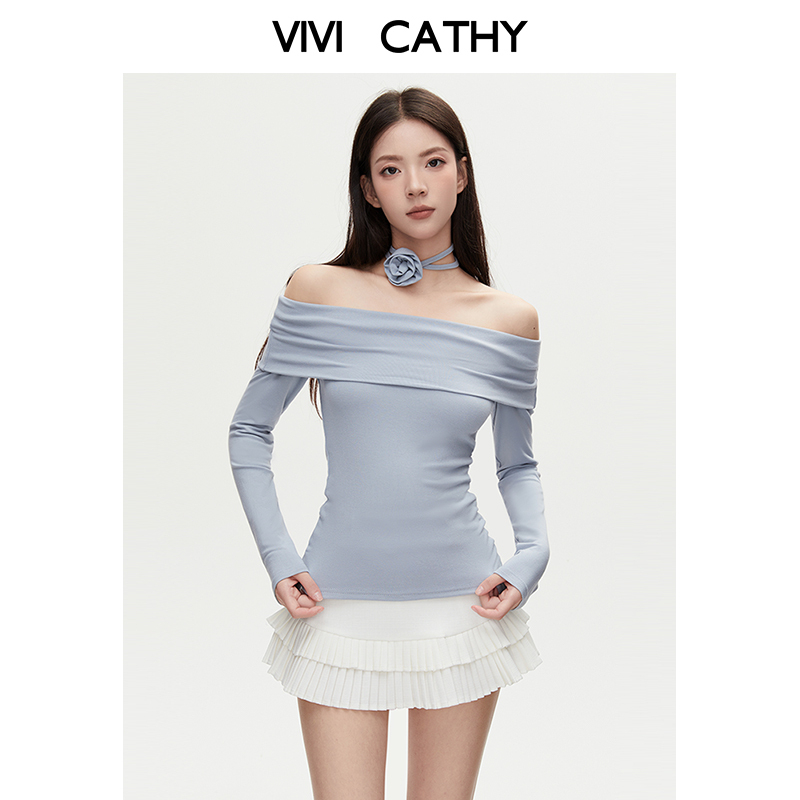 VIVICATHY2025秋纯欲修身露肩长袖女花朵bm甜辣法式一字肩上衣