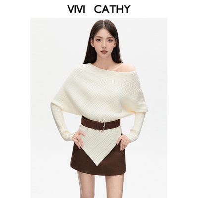 VIVICATHY一字肩针织衫上衣女2025秋冬季新款慵懒高级感白色毛衣