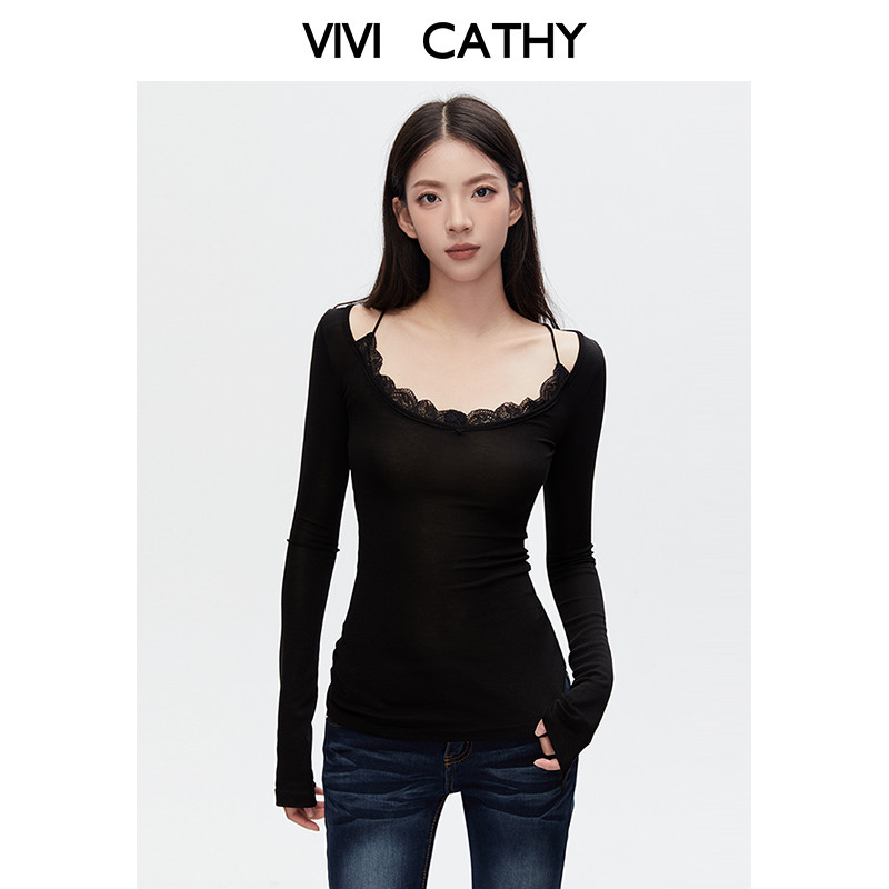 VIVICATHY2026秋季新款古早韩系黑色蕾丝上衣女长袖修身打底t恤
