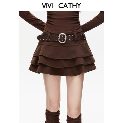 VIVICATHY棕色蛋糕短裙半身裙女装2025秋冬新款设计感a字毛呢裙子