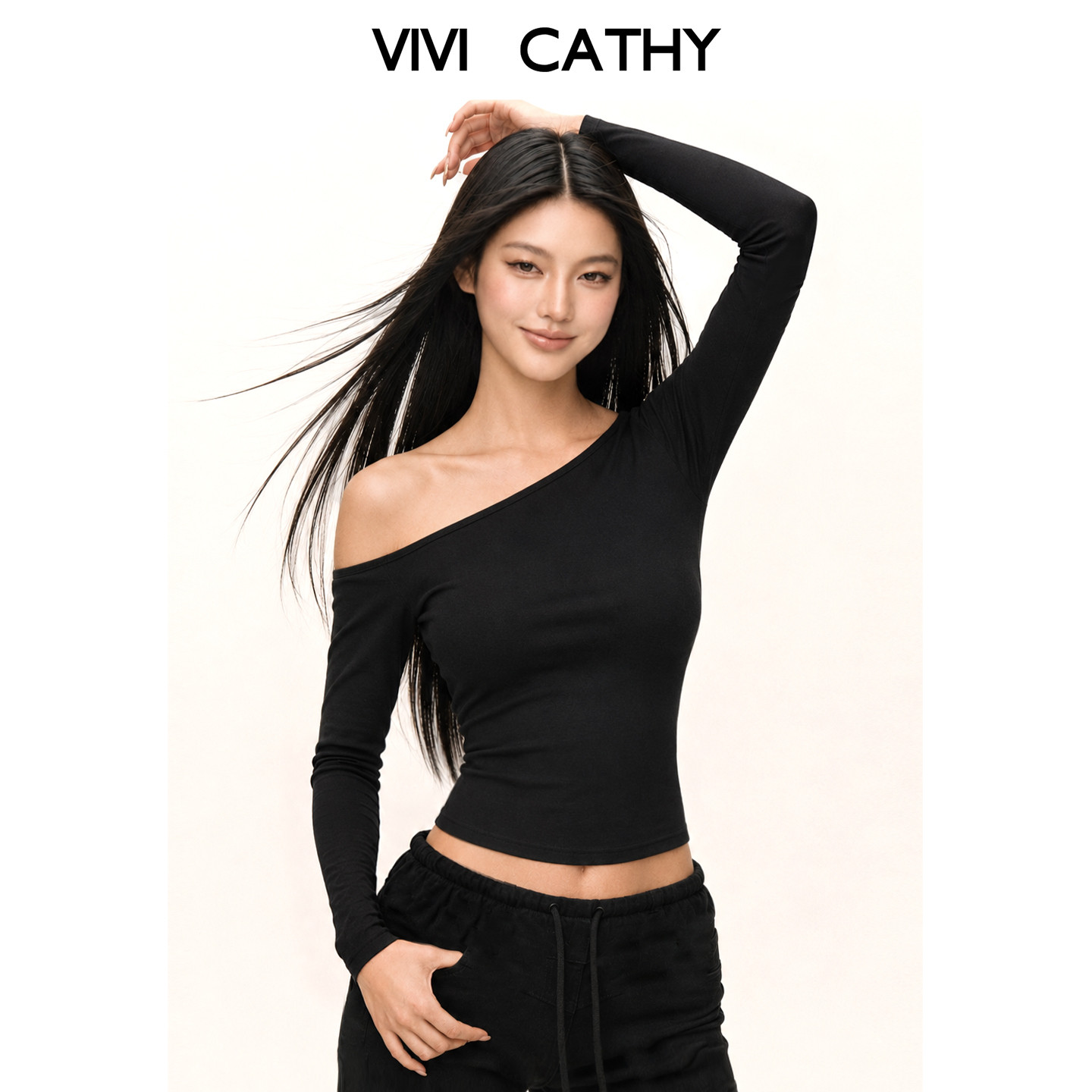 VIVICATHY黑色斜肩长袖女2026秋新款设计感美式辣妹露肩显瘦上衣